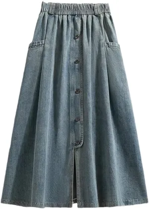 Women Casual High Waist Single Breasted Slim Pleated Skirts Office Classic Long Skirts