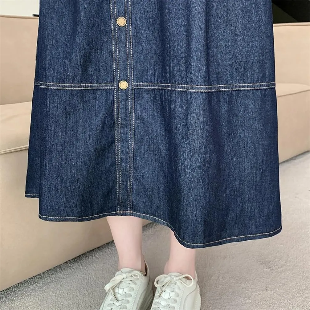 Women Casual High Waisted Jean Long Skirts Women Splicing A-Line Ruffle Denim Skirt