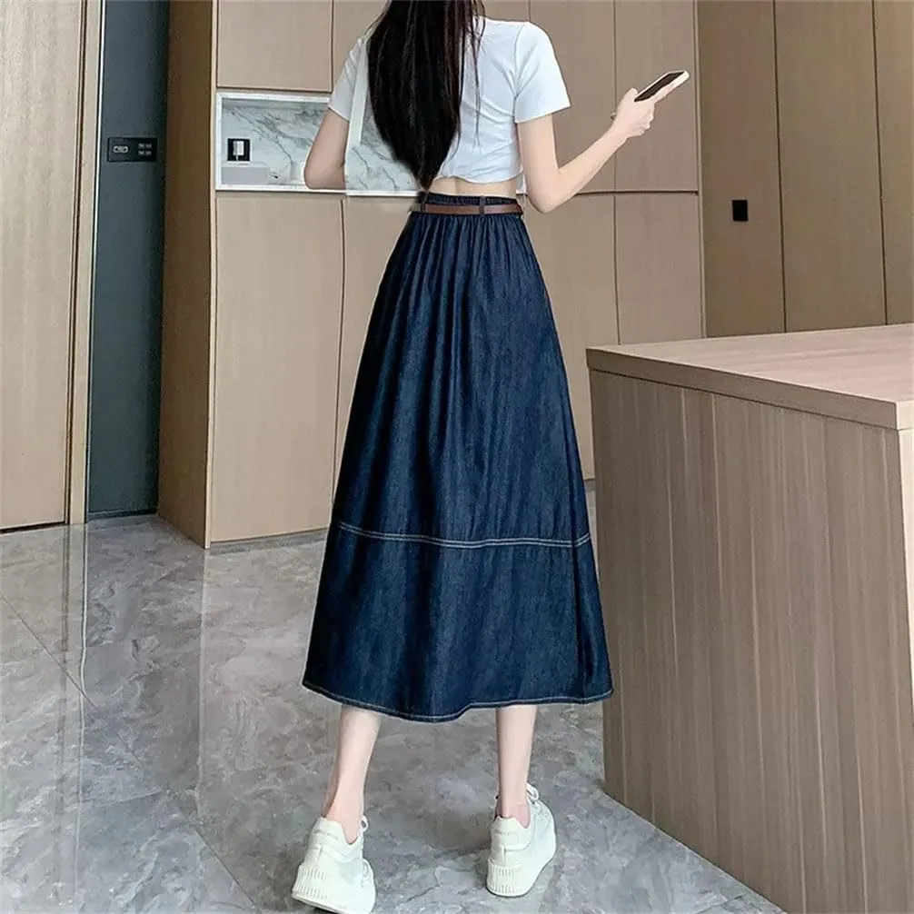 Women Casual High Waisted Jean Long Skirts Women Splicing A-Line Ruffle Denim Skirt