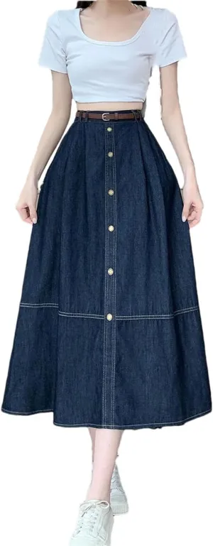 Women Casual High Waisted Jean Long Skirts Women Splicing A-Line Ruffle Denim Skirt