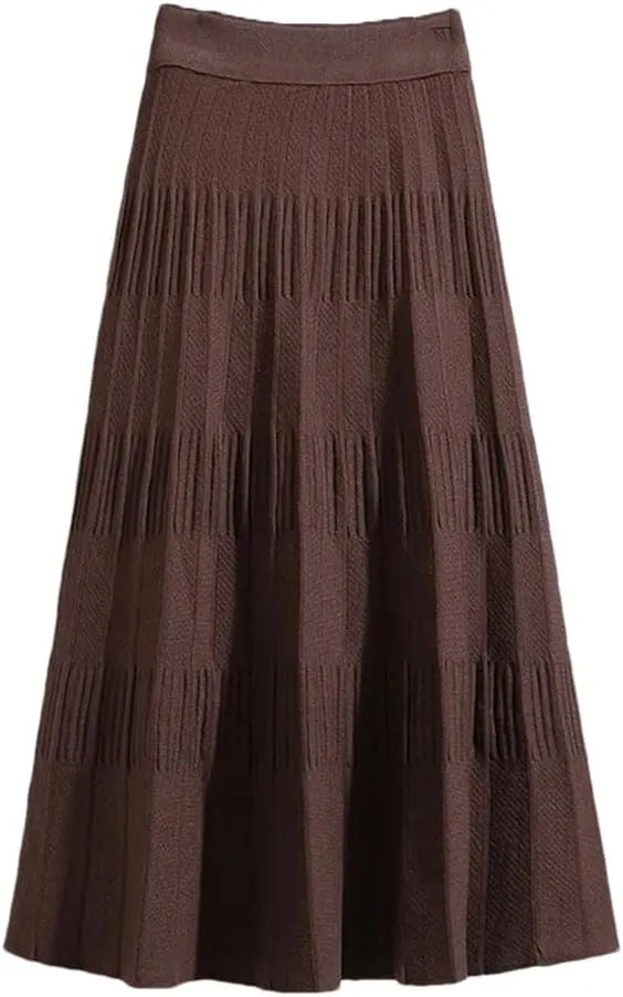 Women Casual Solid Loos High Waist Loose Knit Pleated A-Line Long Skirt