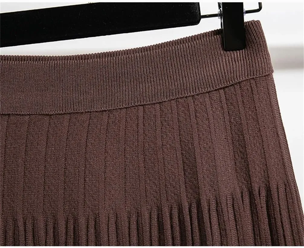 Women Casual Solid Loos High Waist Loose Knit Pleated A-Line Long Skirt