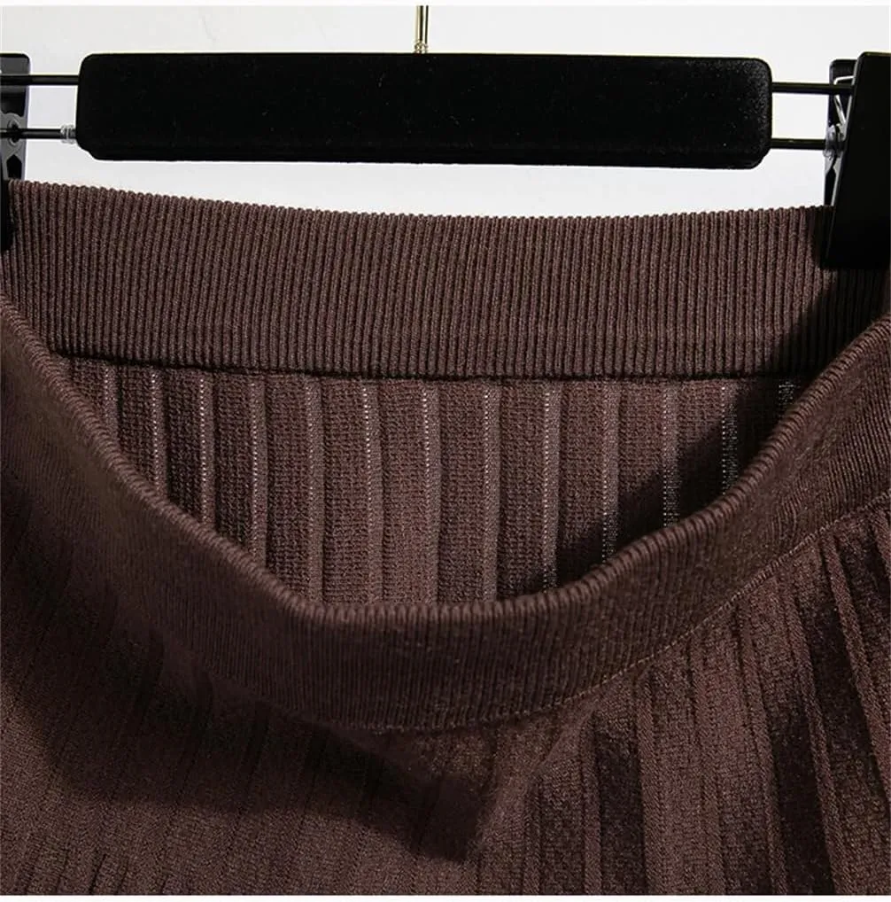Women Casual Solid Loos High Waist Loose Knit Pleated A-Line Long Skirt