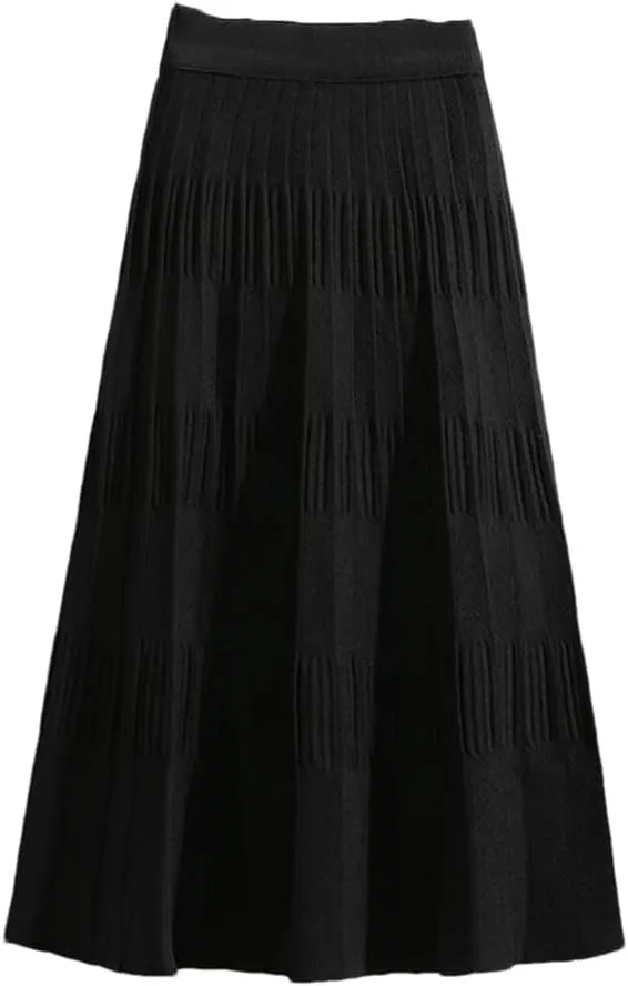 Women Casual Solid Loos High Waist Loose Knit Pleated A-Line Long Skirt