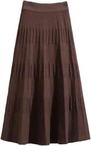 Women Casual Solid Loos High Waist Loose Knit Pleated A-Line Long Skirt