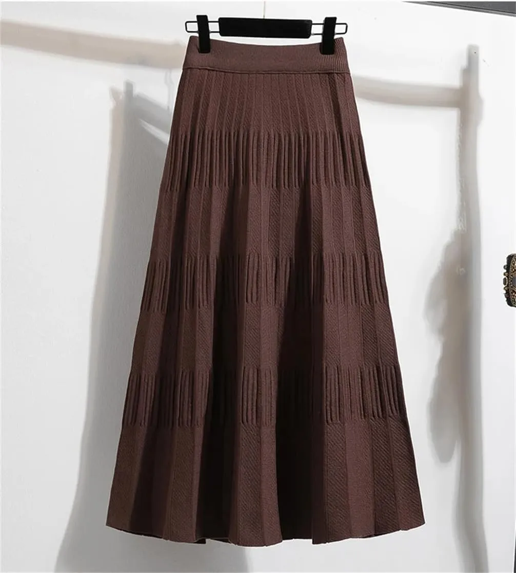 Women Casual Solid Loos High Waist Loose Knit Pleated A-Line Long Skirt