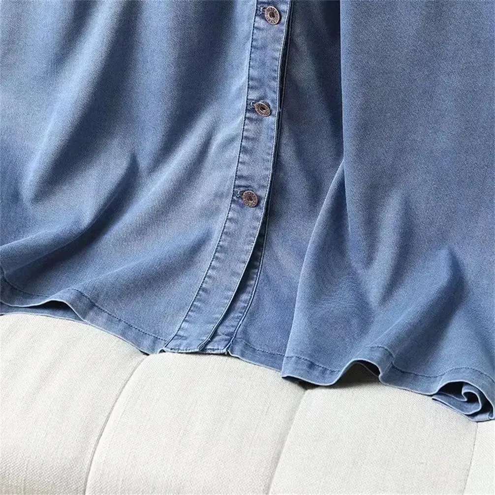 Women Elastic Waist Long Skirts Women Solid Color Single Breasted Pockets Denim Skirt