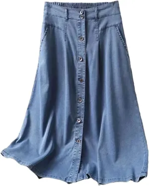 Women Elastic Waist Long Skirts Women Solid Color Single Breasted Pockets Denim Skirt