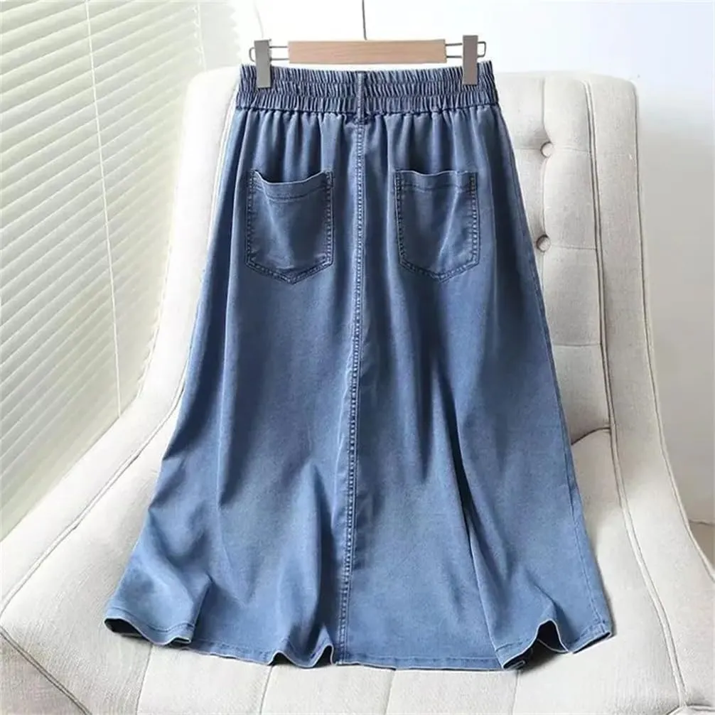 Women Elastic Waist Long Skirts Women Solid Color Single Breasted Pockets Denim Skirt