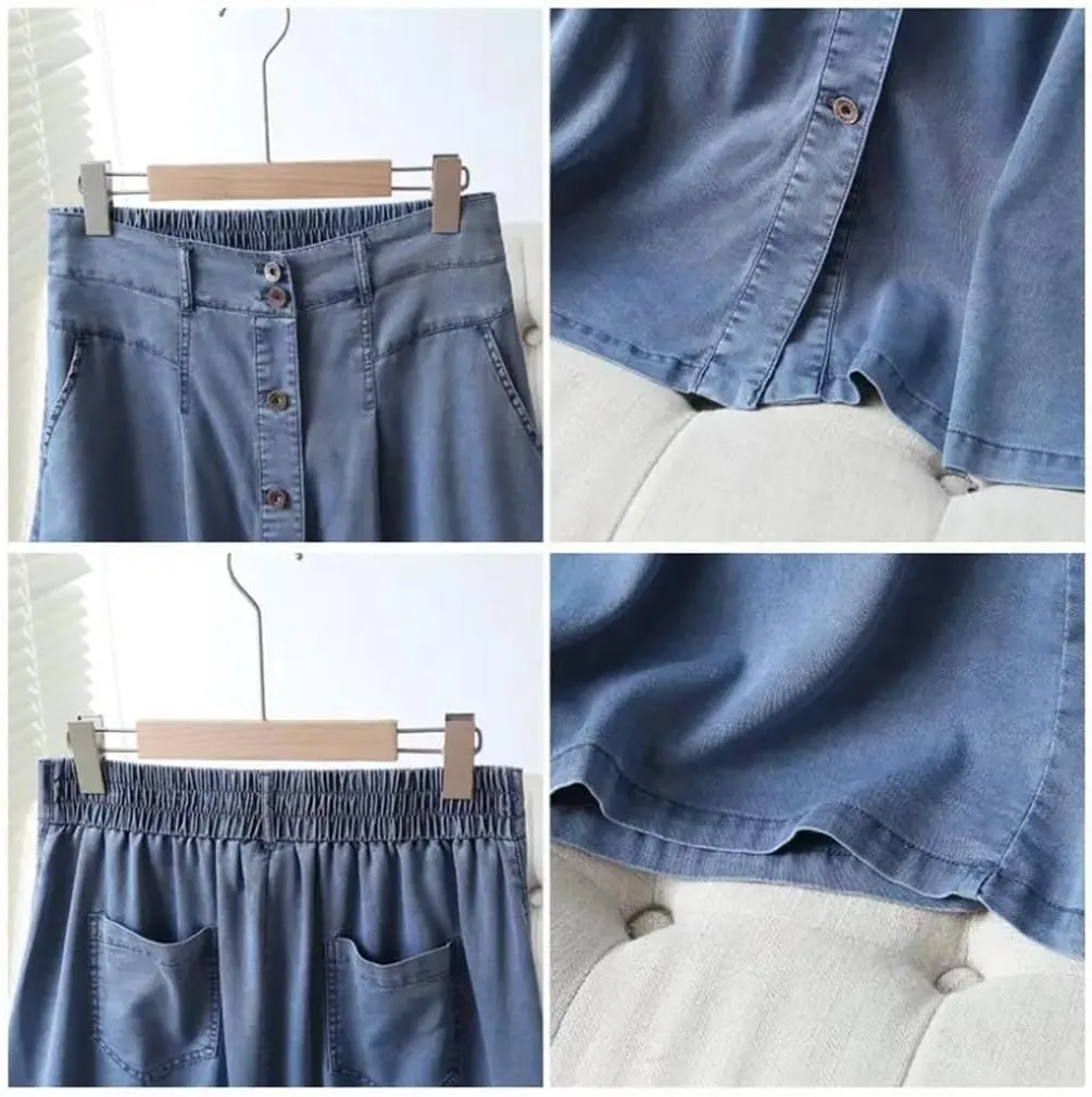 Women Elastic Waist Long Skirts Women Solid Color Single Breasted Pockets Denim Skirt