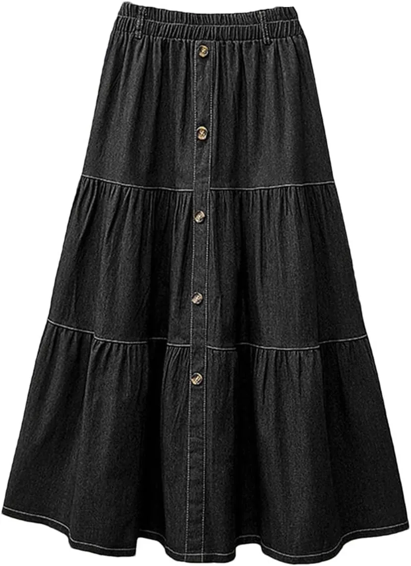 Women Elastic Waist Solid Denim Blue Skirt A-Line Work Skirts Casual Loose Holiday Dress