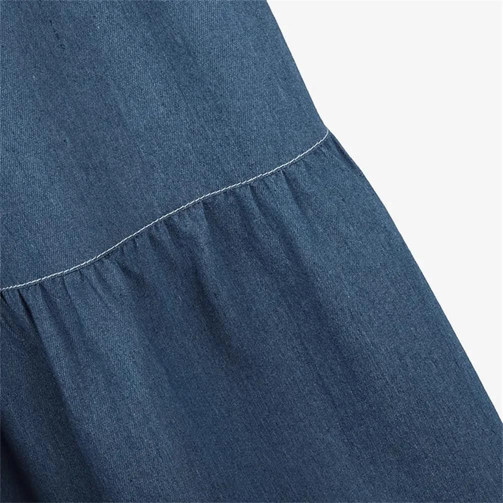 Women Elastic Waist Solid Denim Blue Skirt A-Line Work Skirts Casual Loose Holiday Dress
