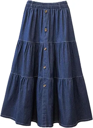 Women Elastic Waist Solid Denim Blue Skirt A-Line Work Skirts Casual Loose Holiday Dress