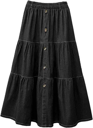 Women Elastic Waist Solid Denim Blue Skirt A-Line Work Skirts Casual Loose Holiday Dress