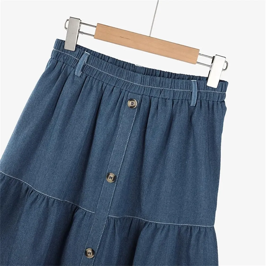 Women Elastic Waist Solid Denim Blue Skirt A-Line Work Skirts Casual Loose Holiday Dress