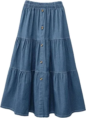 Women Elastic Waist Solid Denim Blue Skirt A-Line Work Skirts Casual Loose Holiday Dress