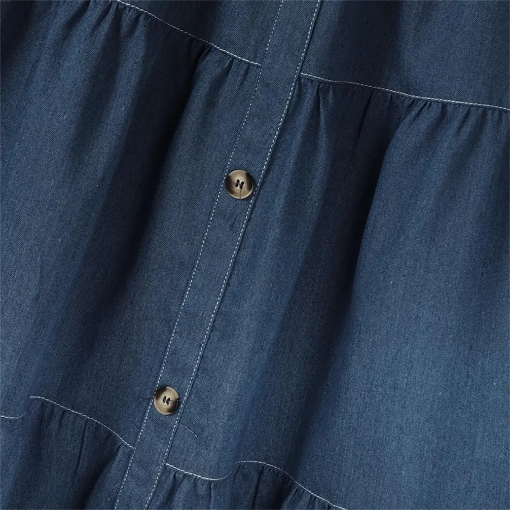 Women Elastic Waist Solid Denim Blue Skirt A-Line Work Skirts Casual Loose Holiday Dress