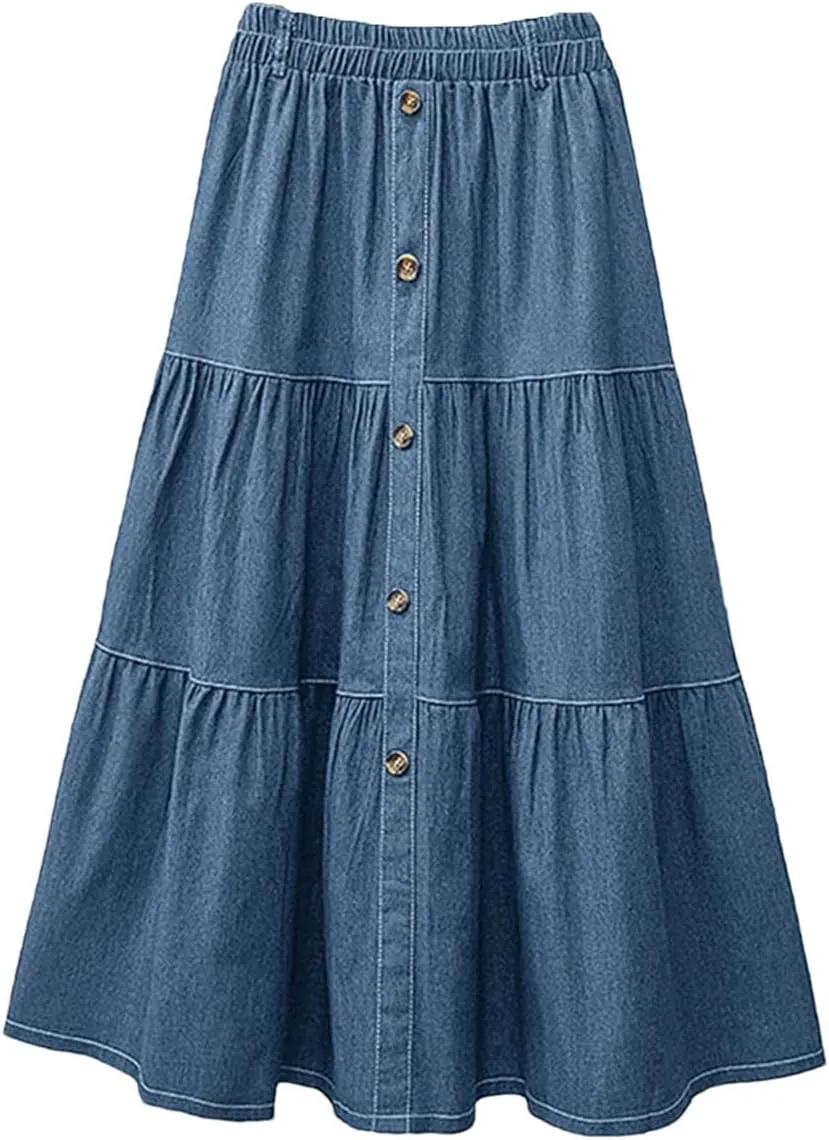 Women Elastic Waist Solid Denim Blue Skirt A-Line Work Skirts Casual Loose Holiday Dress