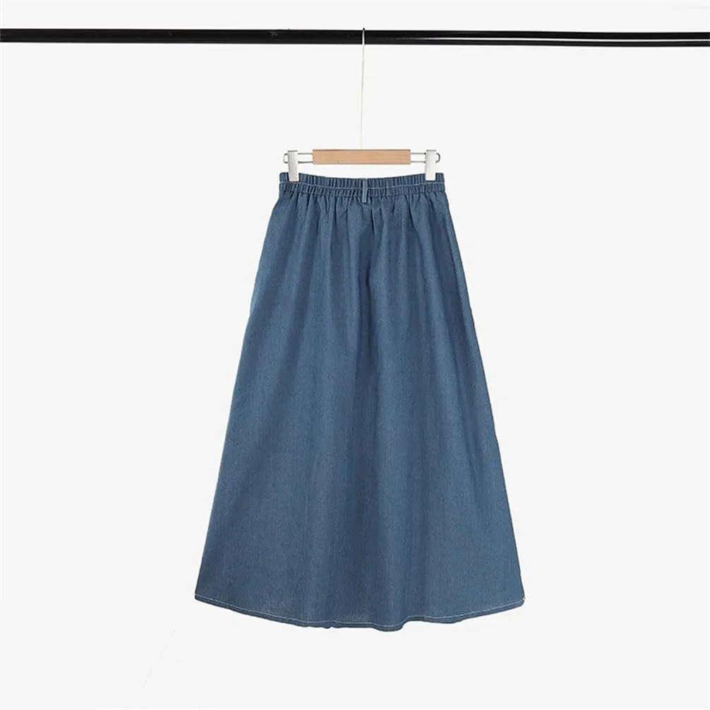 Women Elastic Waist Solid Denim Blue Skirt A-Line Work Skirts Casual Loose Holiday Dress