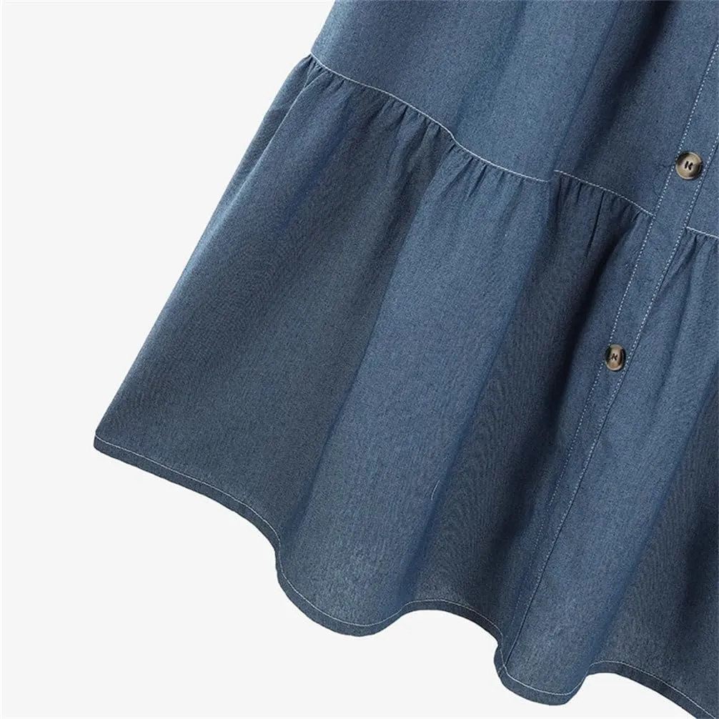 Women Elastic Waist Solid Denim Blue Skirt A-Line Work Skirts Casual Loose Holiday Dress