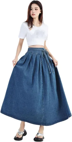 Women High Elastic Waist Long Denim Skirt Women Streetwear Lace-Up Blue Maxi Skirts