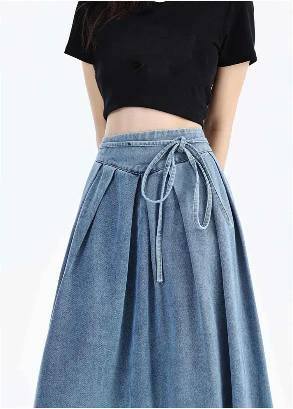 Women High Elastic Waist Long Denim Skirt Women Streetwear Lace-Up Blue Maxi Skirts