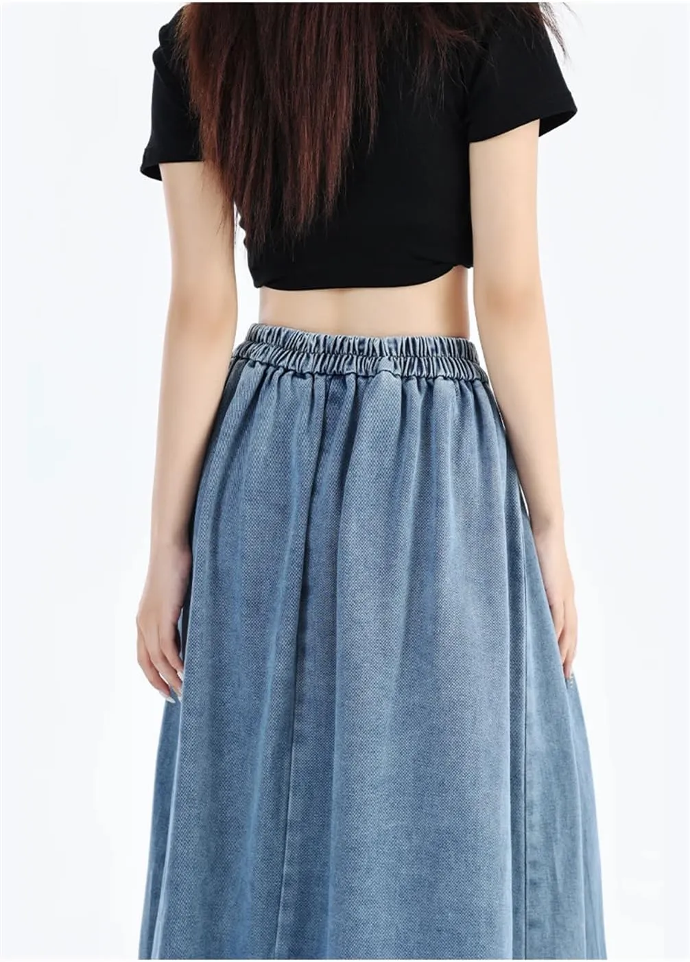 Women High Elastic Waist Long Denim Skirt Women Streetwear Lace-Up Blue Maxi Skirts