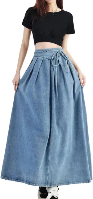 Women High Elastic Waist Long Denim Skirt Women Streetwear Lace-Up Blue Maxi Skirts