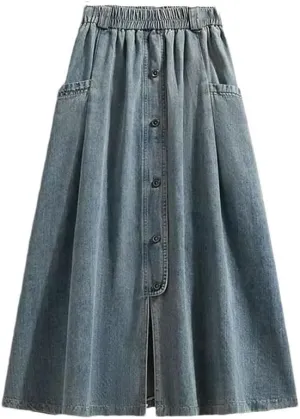 Women High Waist Casual Denim Skirts Women Vintage Single-Breasted Female A-Line Long Skirts