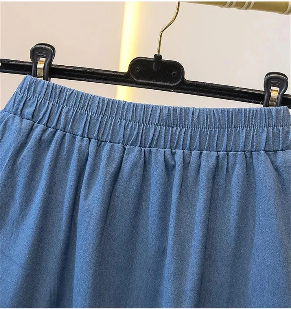 Women High Waist Mid Length A-Line Denim Skirt Women's High Elastic Waist Soft Denim Midi Long Skirt