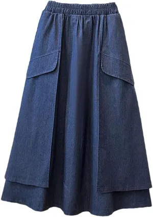 Women High Waist Mid Length A-Line Denim Skirt Women's High Elastic Waist Soft Denim Midi Long Skirt