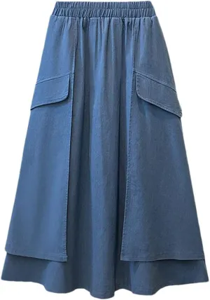 Women High Waist Mid Length A-Line Denim Skirt Women's High Elastic Waist Soft Denim Midi Long Skirt