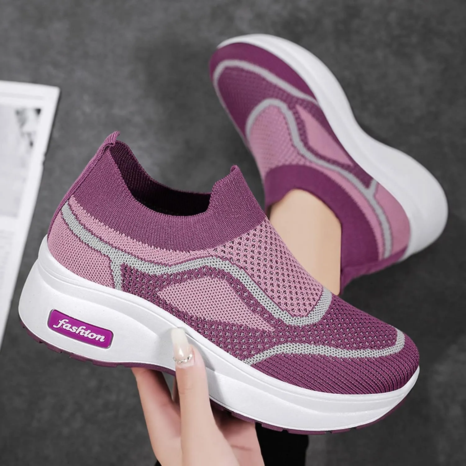 Women Lightweight Slip On Sneakers Casual Walking Shoes Comfortable Canvas Flats Non Slip Elastic Loafers