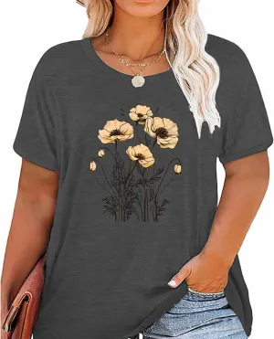 Women Short Sleeve Plus Size O-Neck Vintage Flower Botanical Graphic Printed Shirt Casual Top Tshirt Tunics