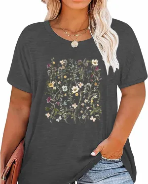 Women Short Sleeve Plus Size O-Neck Vintage Flower Botanical Graphic Printed Shirt Casual Top Tshirt Tunics