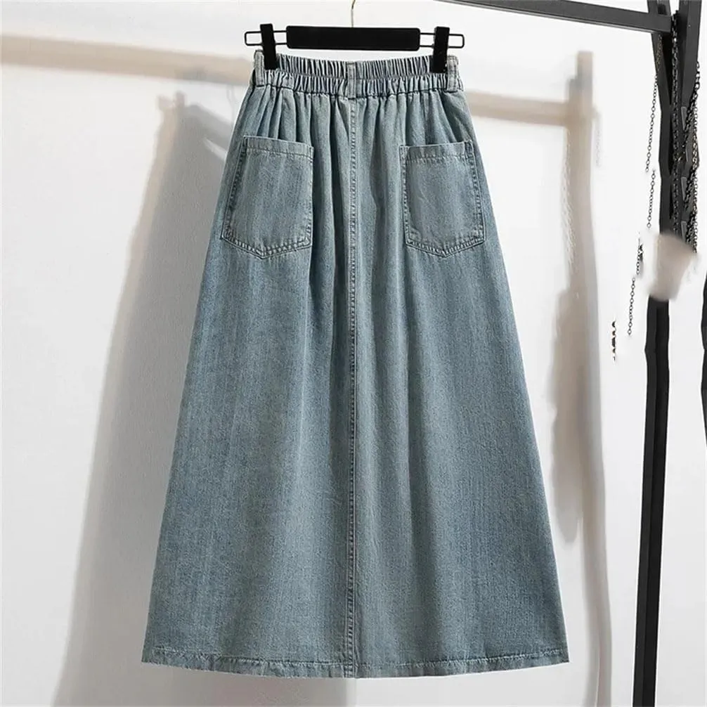Women Slimming Effect Cotton Denim Skirt Women's Washed High Elastic Waist Soft Denim A-Line Midi Long Skirt