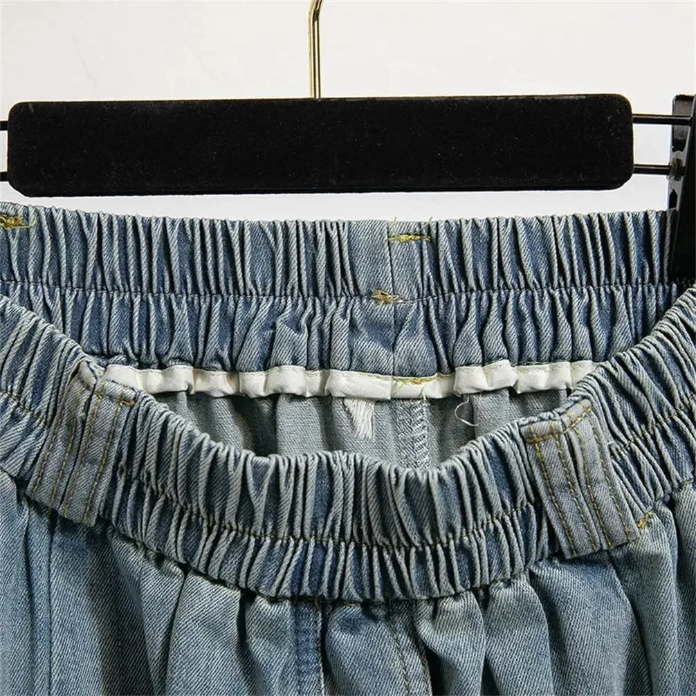 Women Slimming Effect Cotton Denim Skirt Women's Washed High Elastic Waist Soft Denim A-Line Midi Long Skirt