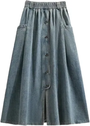 Women Slimming Effect Cotton Denim Skirt Women's Washed High Elastic Waist Soft Denim A-Line Midi Long Skirt