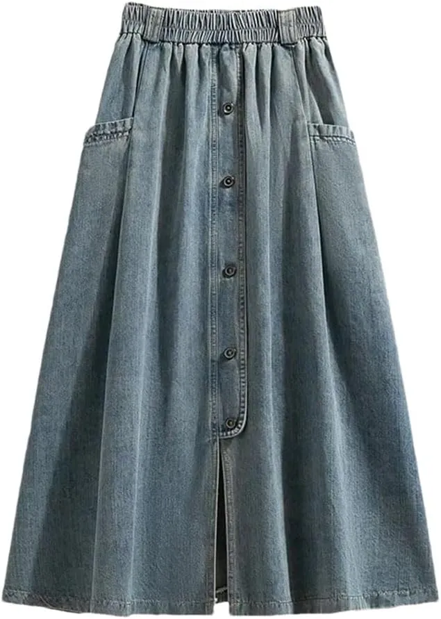 Women Slimming Effect Cotton Denim Skirt Women's Washed High Elastic Waist Soft Denim A-Line Midi Long Skirt