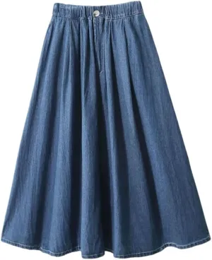 Women Solid Color Casual Skirt Vintage Elastic High Waist A-Line Denim Skirt