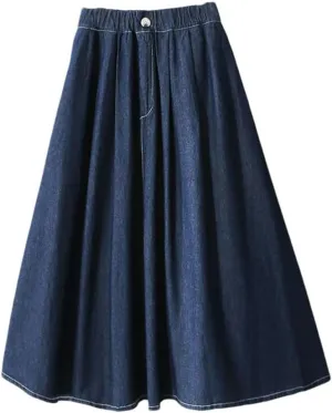 Women Solid Color Casual Skirt Vintage Elastic High Waist A-Line Denim Skirt