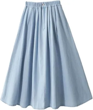 Women Solid Color Casual Skirt Vintage Elastic High Waist A-Line Denim Skirt