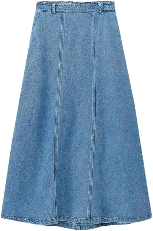 Women Solid Loose Denim Skirt High Waist A-Line Women Solid Loose Midi Skirt