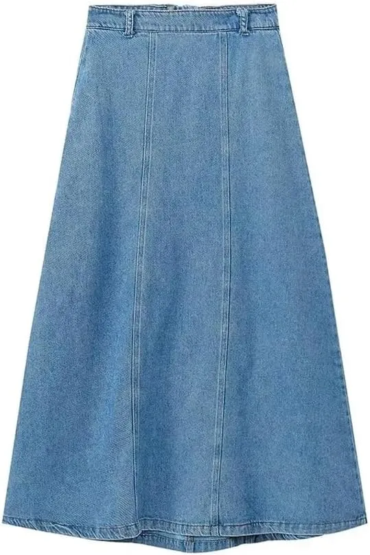 Women Solid Loose Denim Skirt High Waist A-Line Women Solid Loose Midi Skirt