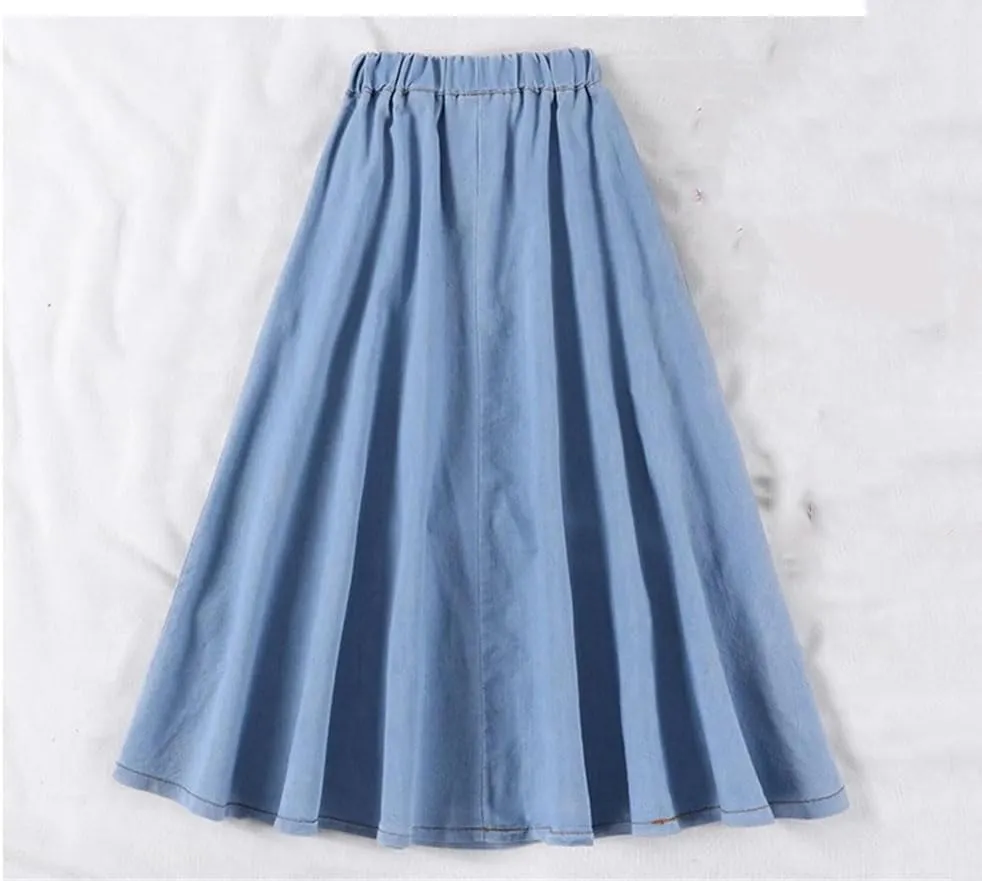 Women Solid Loose Denim Skirt High Waist Girl Pleated Slim Midi Long Skirt