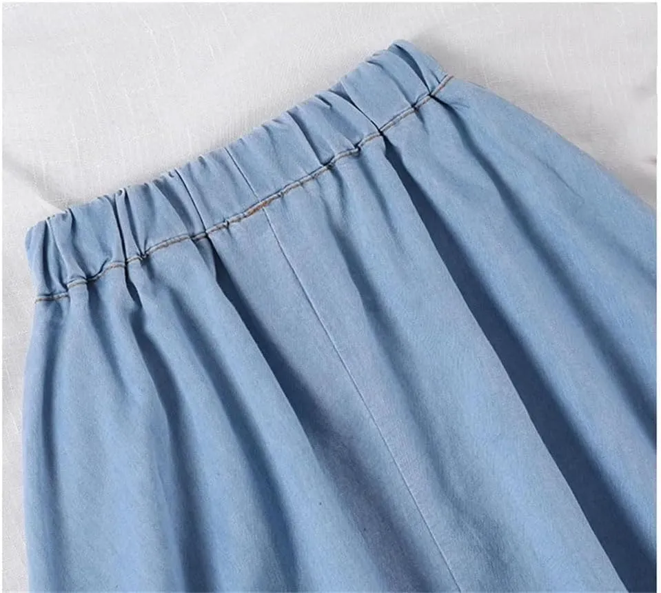 Women Solid Loose Denim Skirt High Waist Girl Pleated Slim Midi Long Skirt