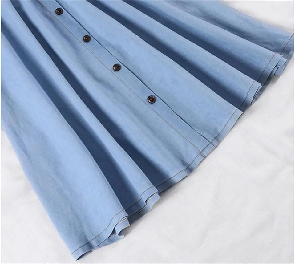 Women Solid Loose Denim Skirt High Waist Girl Pleated Slim Midi Long Skirt