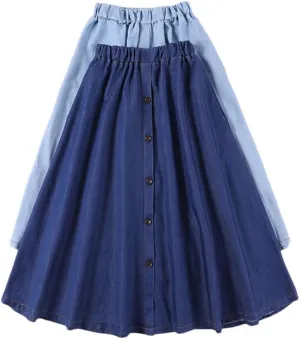 Women Solid Loose Denim Skirt High Waist Girl Pleated Slim Midi Long Skirt