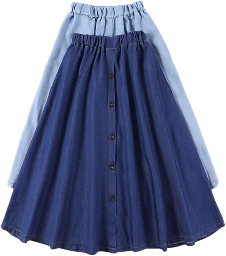 Women Solid Loose Denim Skirt High Waist Girl Pleated Slim Midi Long Skirt