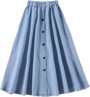 Women Solid Loose Denim Skirt High Waist Girl Pleated Slim Midi Long Skirt